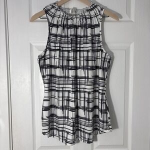 Per Seption Black & White Geometric Sleeveless Shirring Neckline Sz XL Cute Top